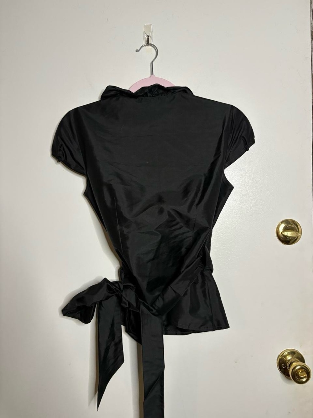 Ann Taylor Black Satin Wrap Top with Ruffle Neck - Picture 3 of 6